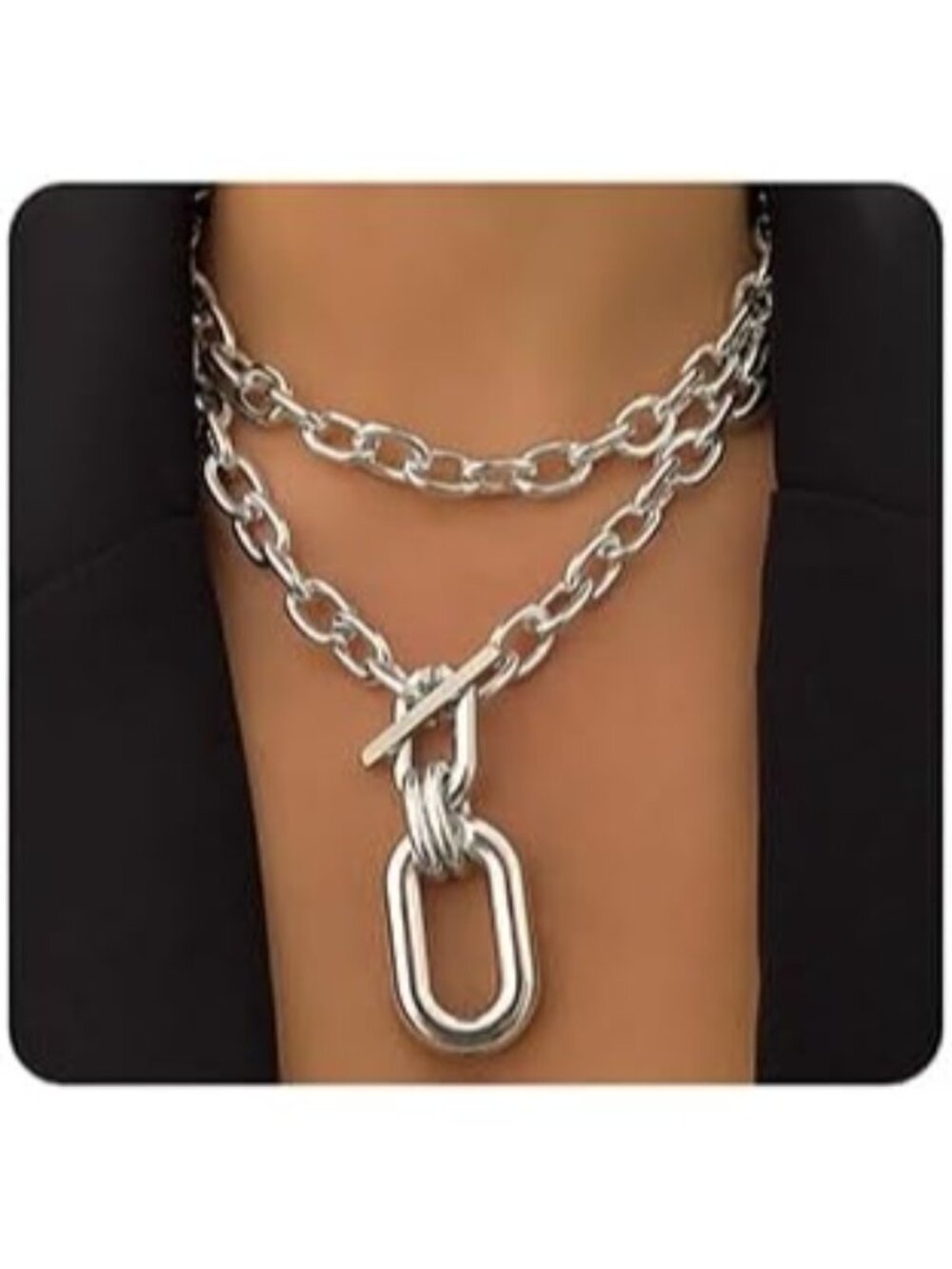 Women's Silver Layered Necklaces Chunky Chain Toggle Statement Choker Classic